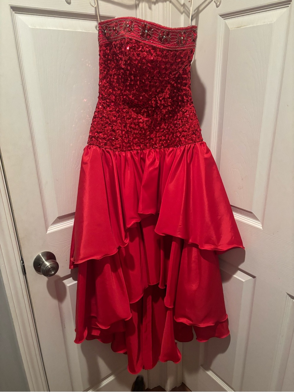 Strapless Red Prom Dress with Beaded Bodice